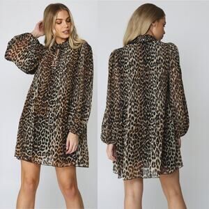 Ganni Pleated Georgette Leopard Cheetah Long Puff Sleeve Mini Dress Large 8 10